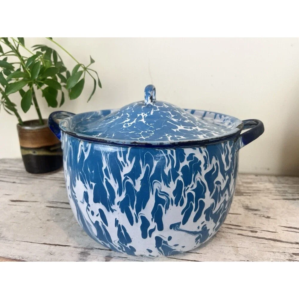 Antique Blue Swirl Graniteware Saucepan W/Lid And Handles 8”x 6” Country Rare